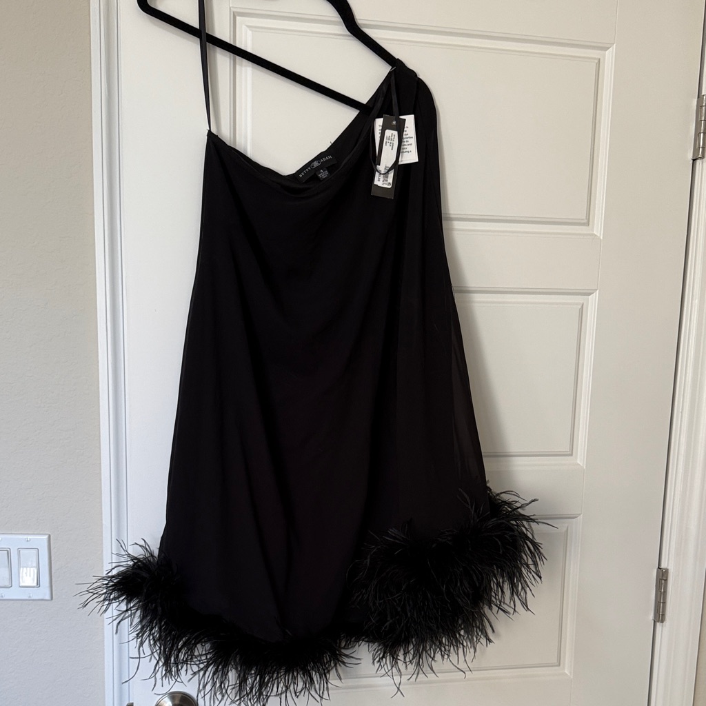 Betsy Adams Black One Shoulder Dress With Feather Trim